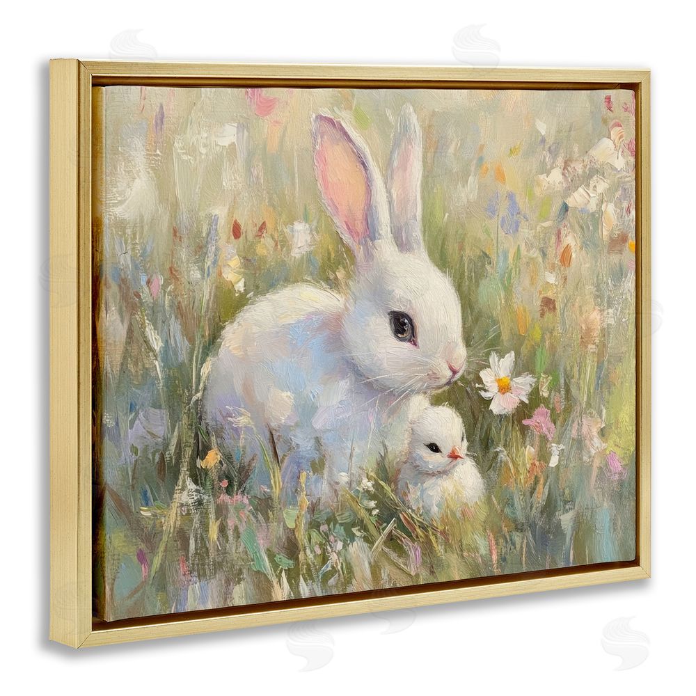 Petal Prints Design White Rabbit Easter and Flowers Gold Floating Frame Canvas Wall Art Print