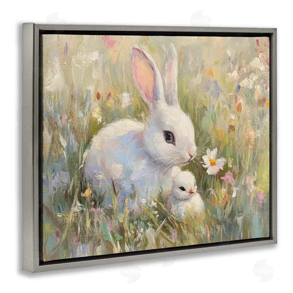 Petal Prints Design White Rabbit Easter and Flowers Gray Floating Frame Canvas Wall Art Print