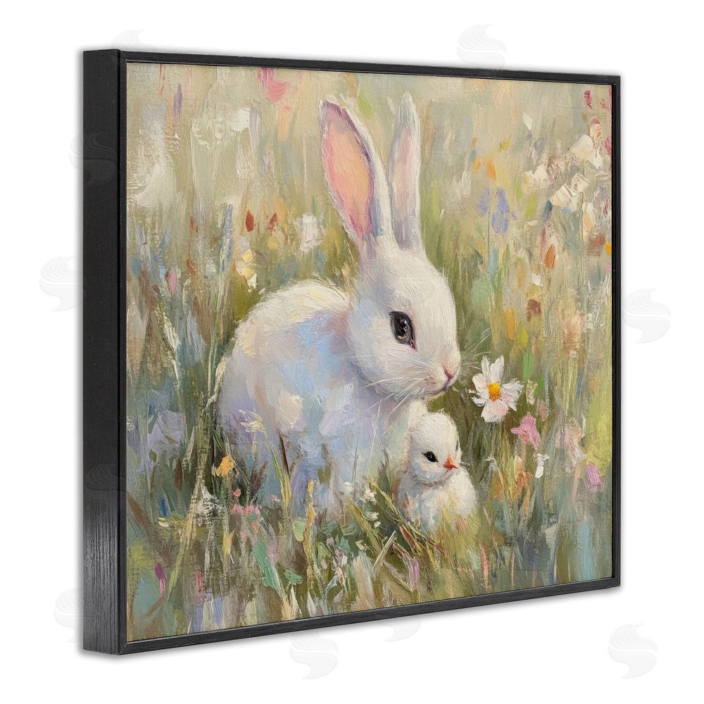 Petal Prints Design White Rabbit Easter and Flowers Black Framed Giclee Wall Art Print