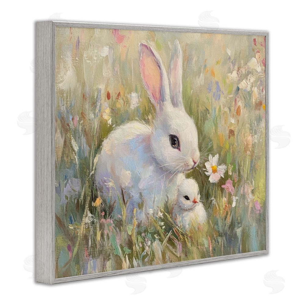 Petal Prints Design White Rabbit Easter and Flowers Gray Framed Giclee Wall Art Print