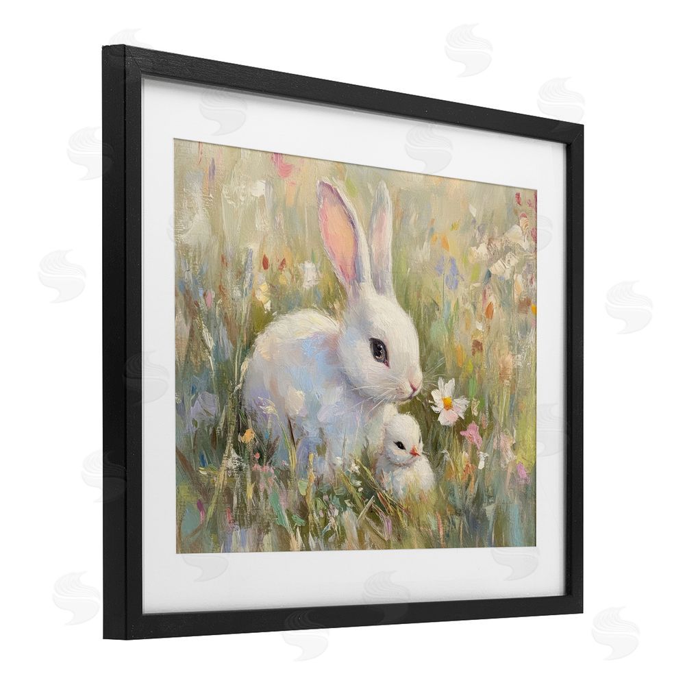 Petal Prints Design White Rabbit Easter and Flowers Black Framed Print Under Glass with White Mat Wall Art