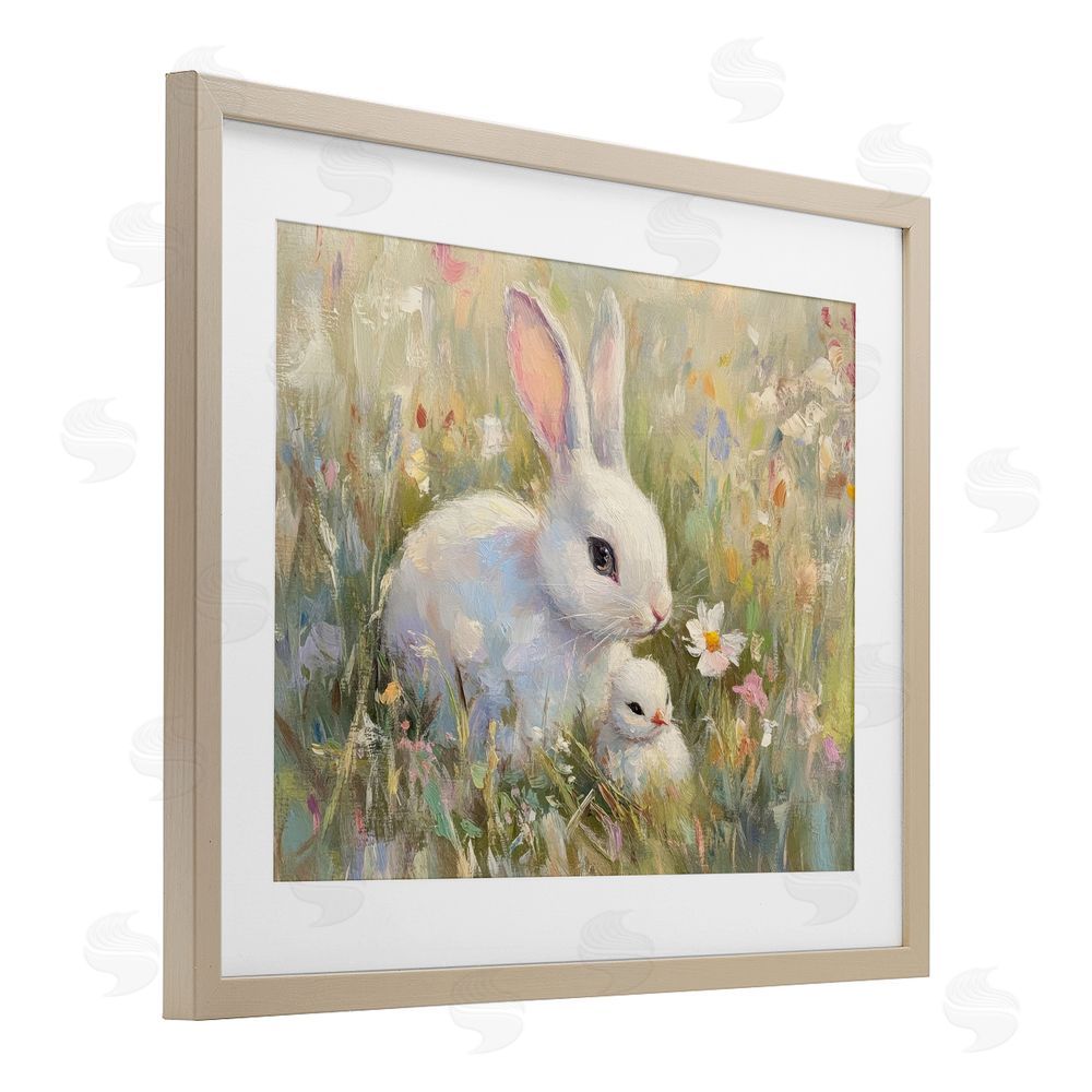 Petal Prints Design White Rabbit Easter and Flowers Birch Framed Print Under Glass with White Mat Wall Art