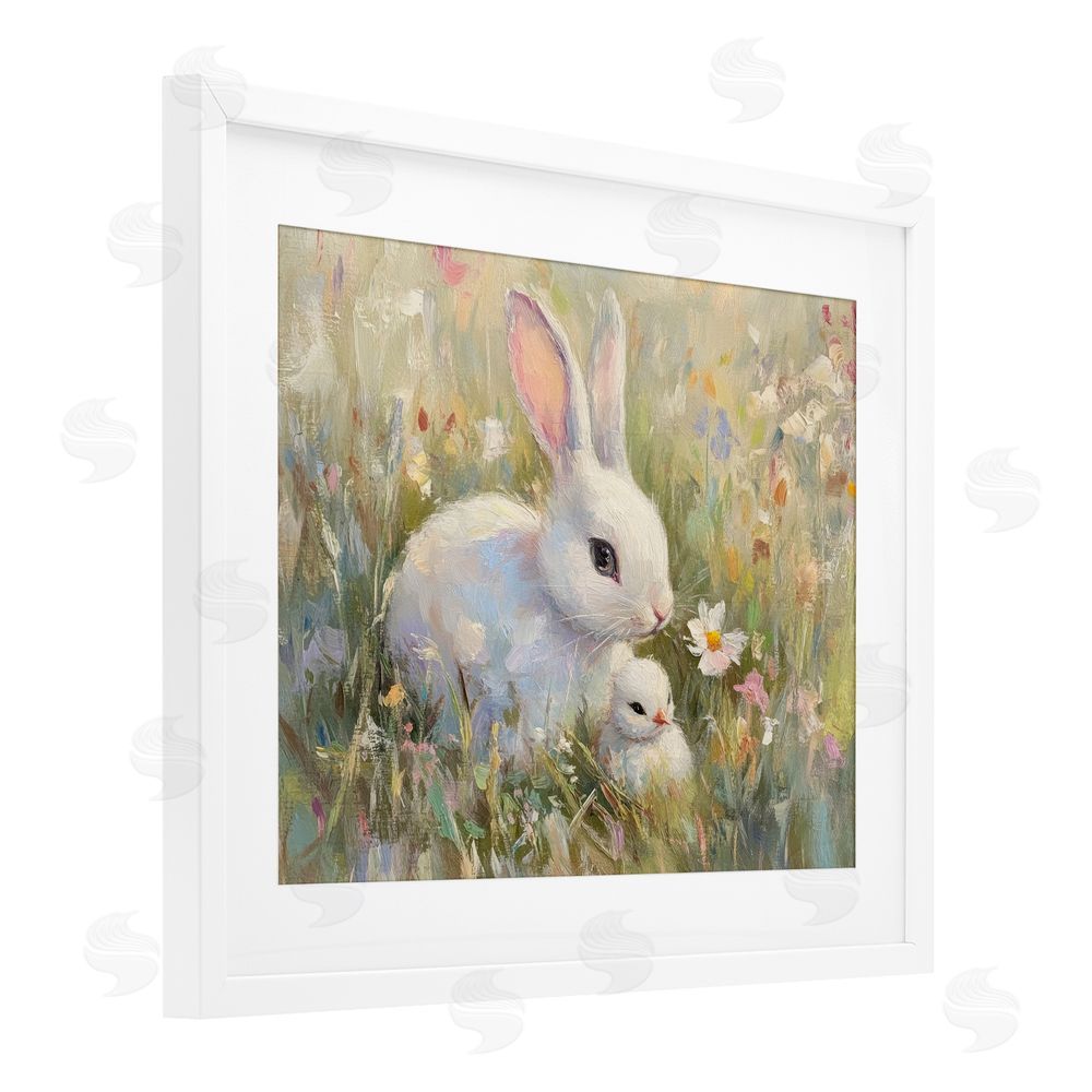 Petal Prints Design White Rabbit Easter and Flowers White Framed Print Under Glass with Mat Wall Art
