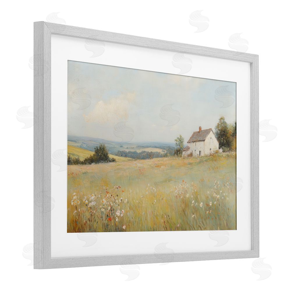 Petal Prints Design Little House Prairie Landscape Gray Framed Print Under Glass with White Mat Wall Art