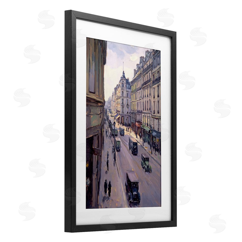 Petal Prints Design Vintage Paris Street Scene Black Framed Print Under Glass with White Mat Wall Art