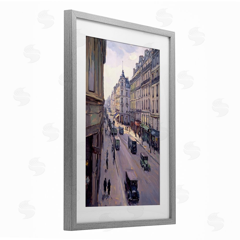Petal Prints Design Vintage Paris Street Scene Gray Framed Print Under Glass with White Mat Wall Art