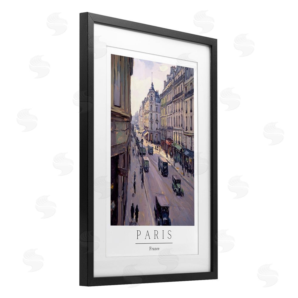 Petal Prints Design Paris Streets Vintage Scene Black Framed Print Under Glass with White Mat Wall Art