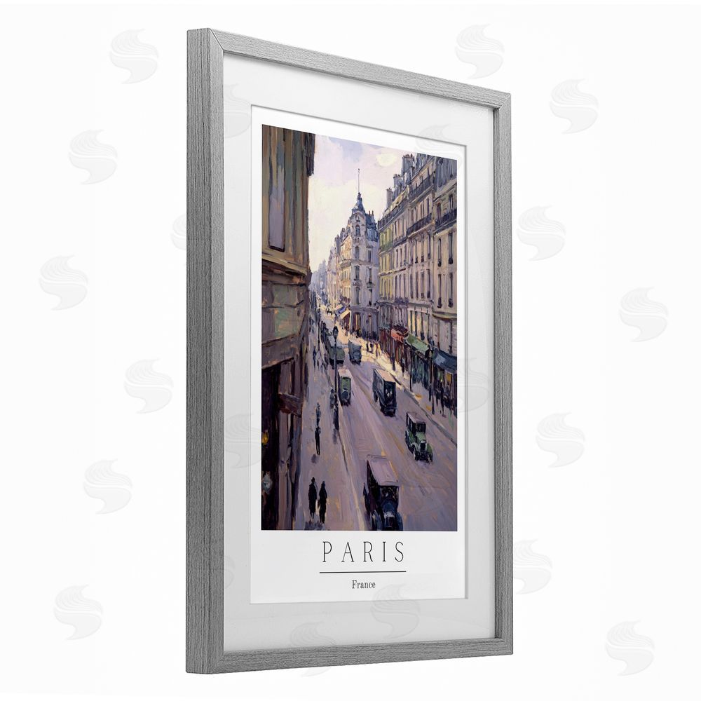 Petal Prints Design Paris Streets Vintage Scene Gray Framed Print Under Glass with White Mat Wall Art
