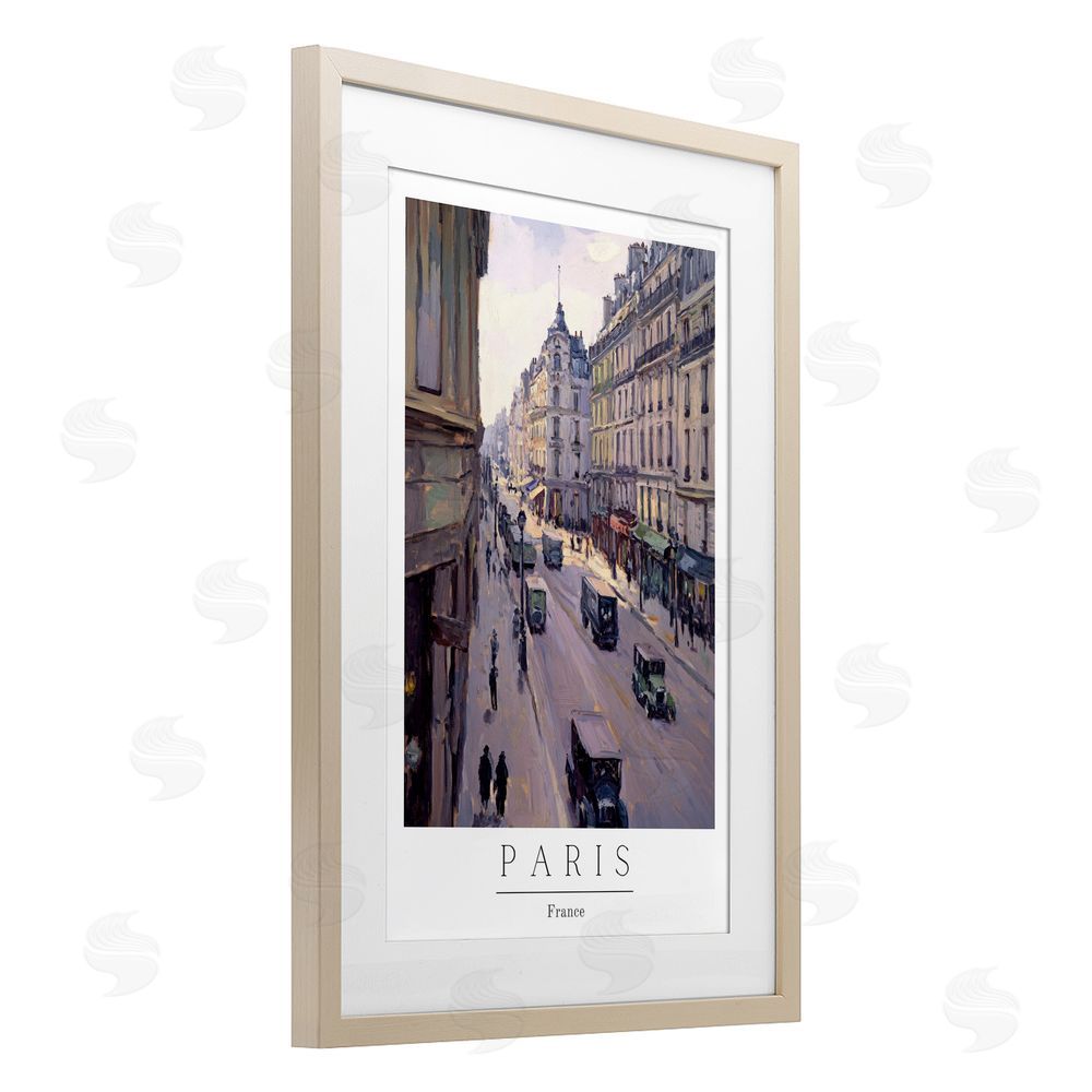 Petal Prints Design Paris Streets Vintage Scene Birch Framed Print Under Glass with White Mat Wall Art