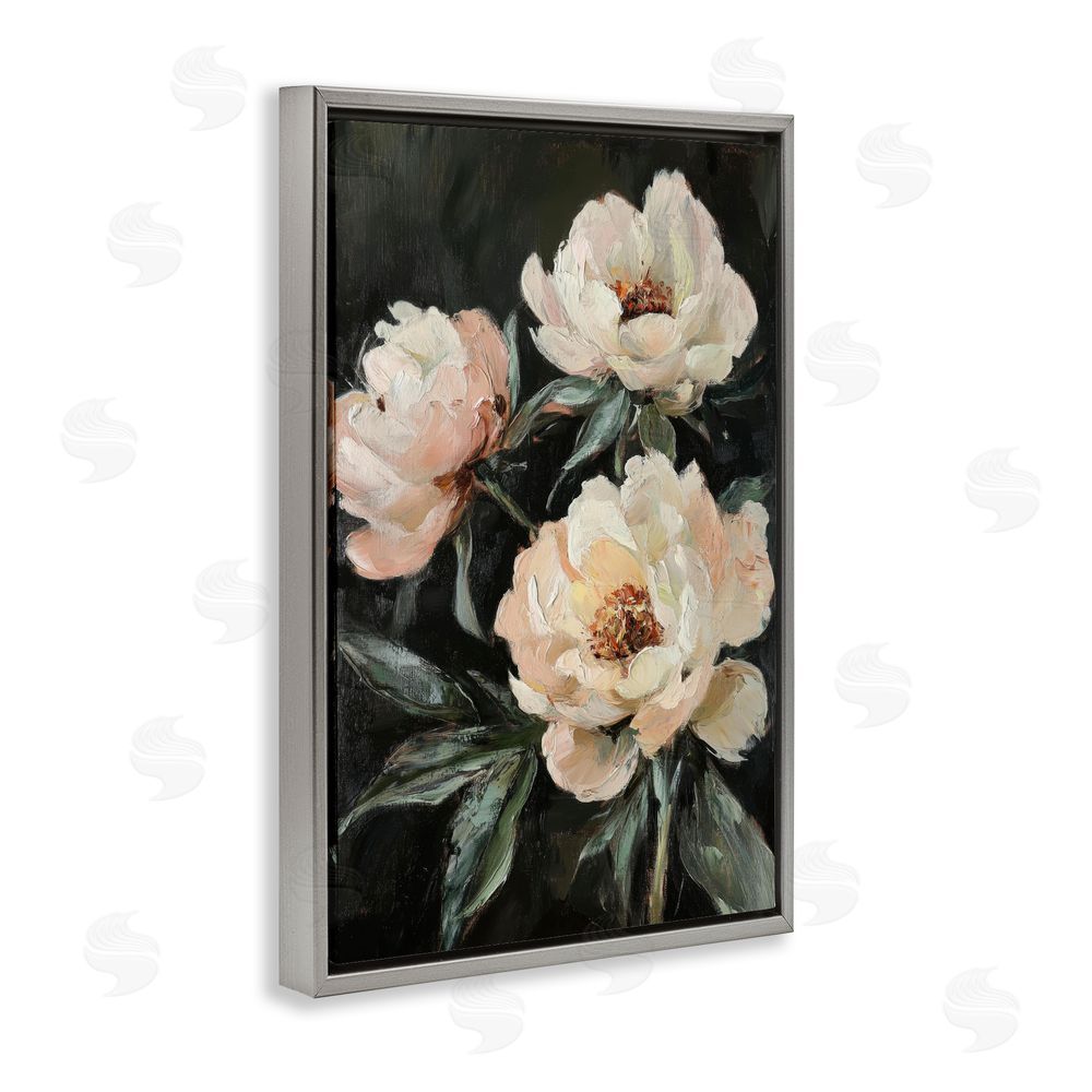 Petal Prints Design Peach Roses Floral Painting Gray Floating Frame Canvas Wall Art Print