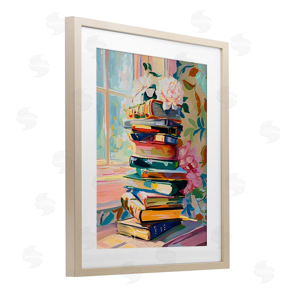 Arlington Prints Vivid Bookstack by Window Birch Framed Print Under Glass Art