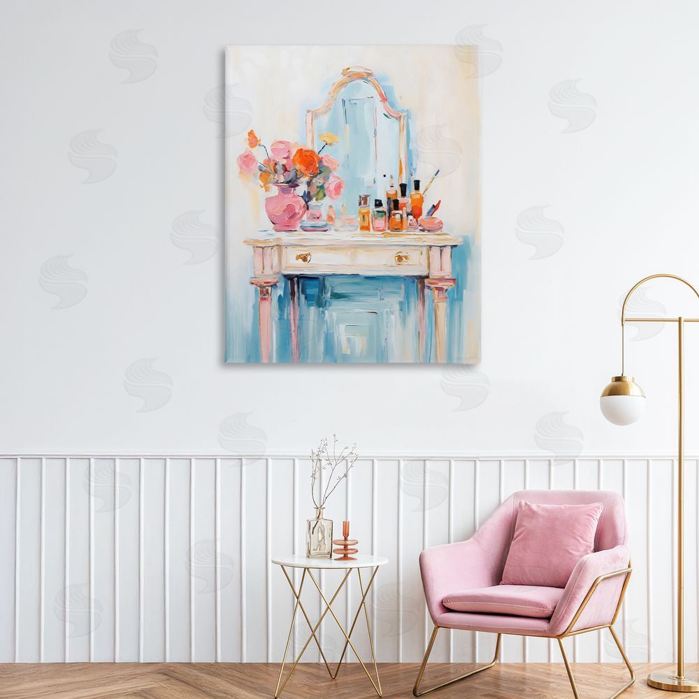 Creative Studio Vanity with Cosmetic Bottles Printed Wall Art in Room