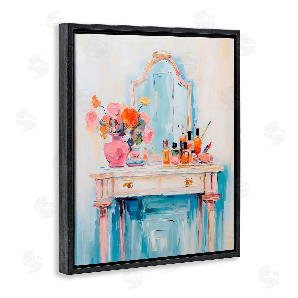 Creative Studio Vanity with Cosmetic Bottles Black Floating Frame Canvas Wall Art Print