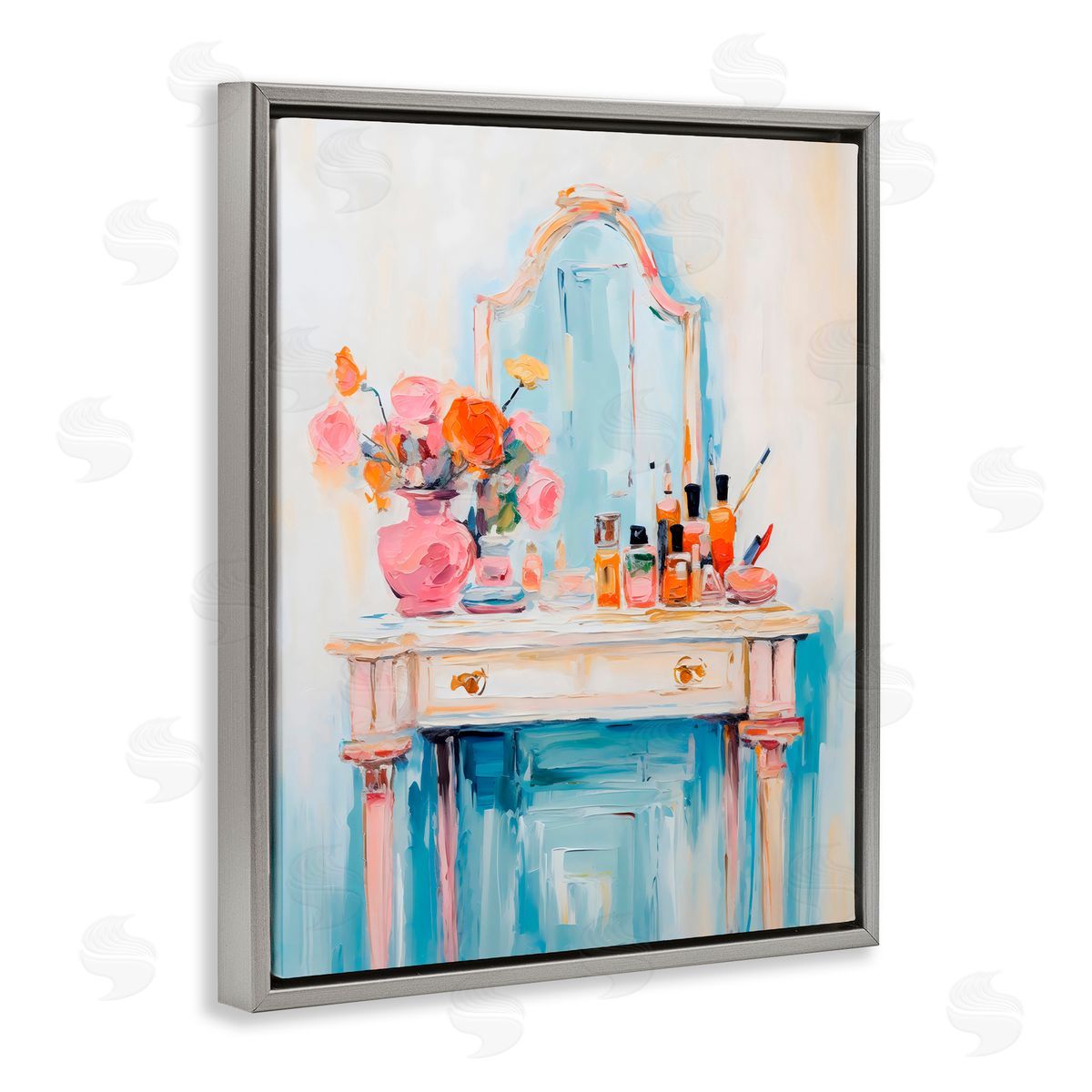 Creative Studio Vanity with Cosmetic Bottles Gray Floating Frame Canvas Art Print