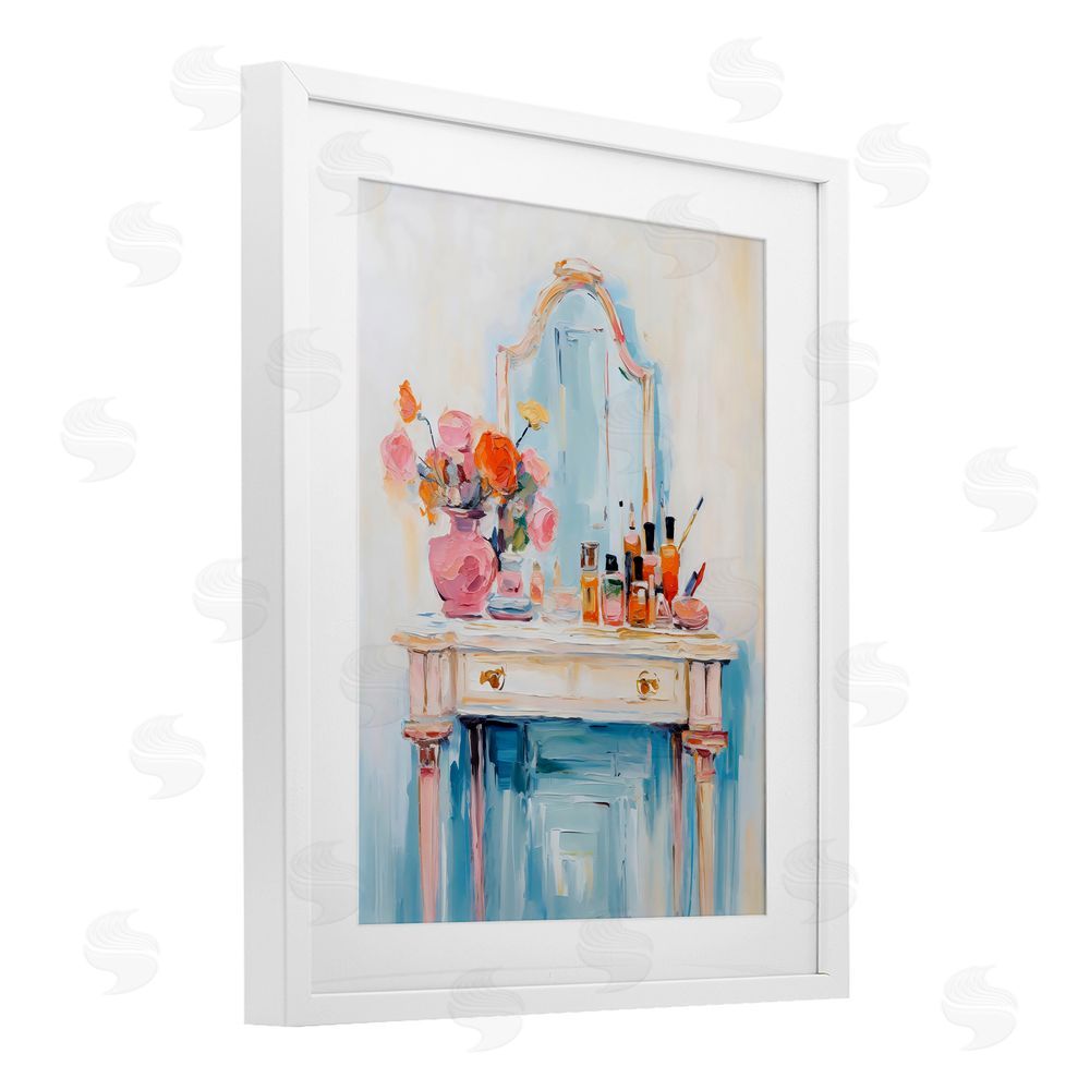 Creative Studio Vanity with Cosmetic Bottles White Framed Print Under Glass Art