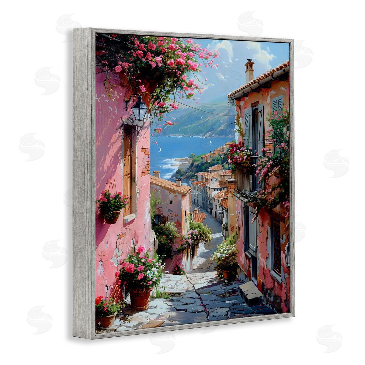 Creative Studio Quaint Pink Village View Gray Framed Giclee Art Print