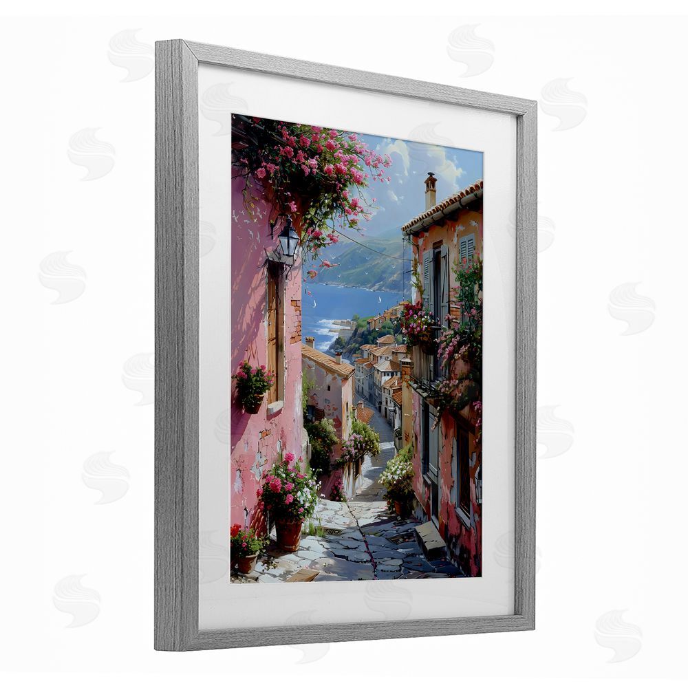 Creative Studio Quaint Pink Village View Gray Framed Print Under Glass Art