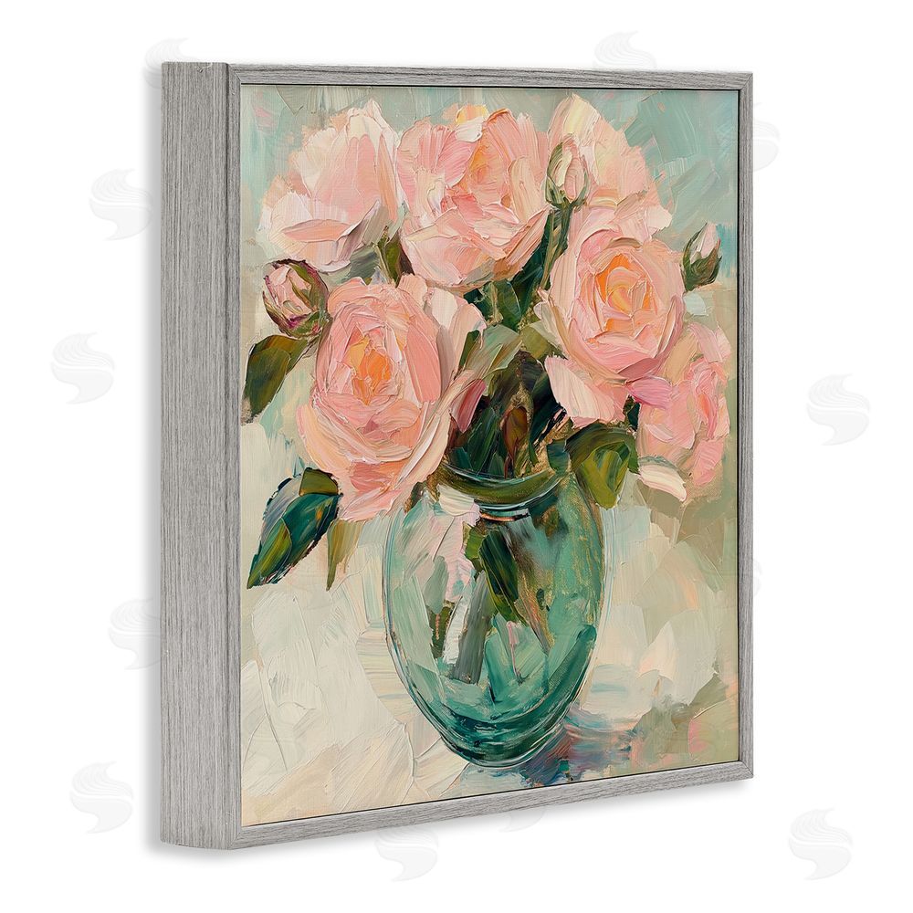 Gina Kelly Pink Roses in Green Vase Gray Framed Giclee Wall Art Print