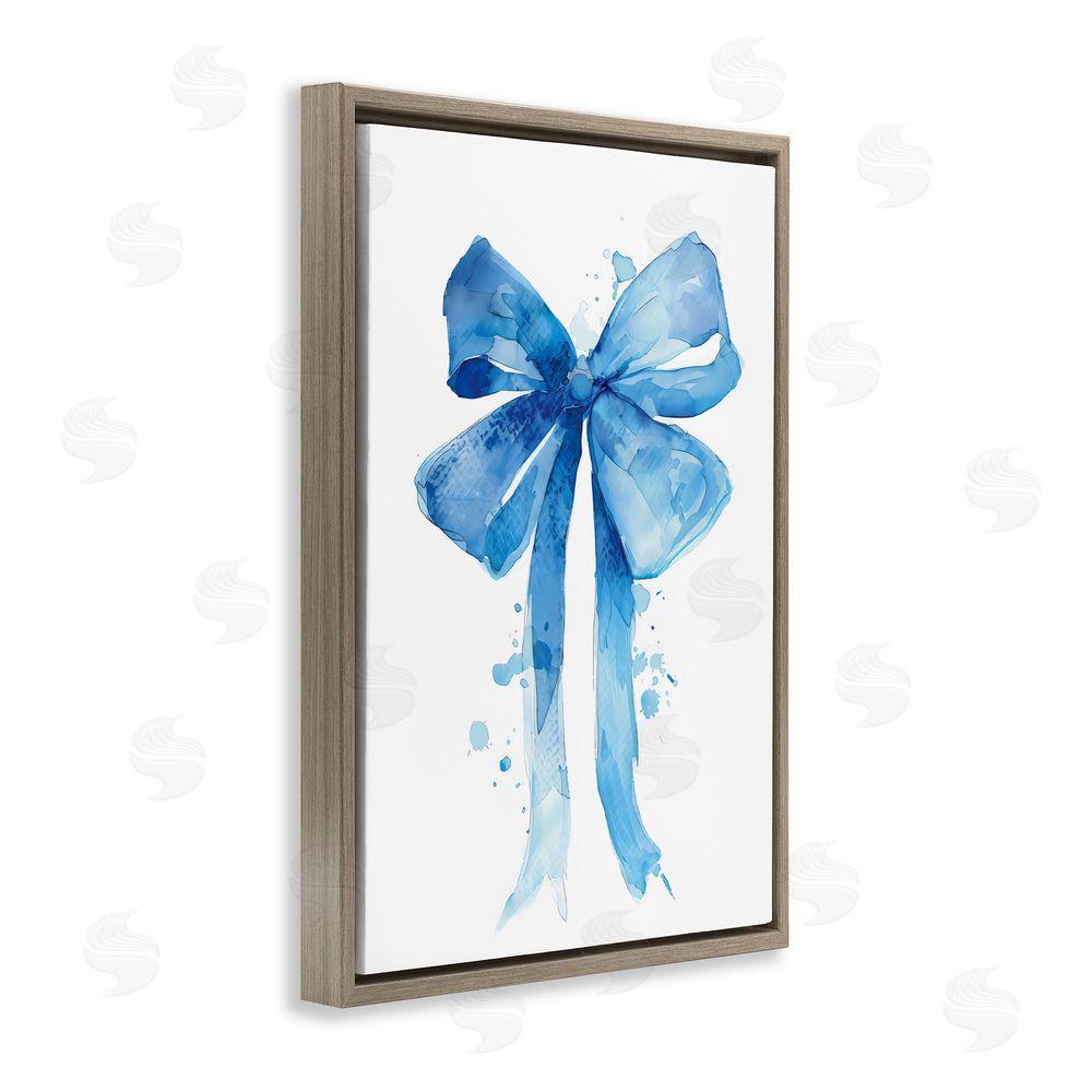 LSR Design Studio Blue Watercolor Bow Illustration Brown Floating Frame Canvas Wall Art Print