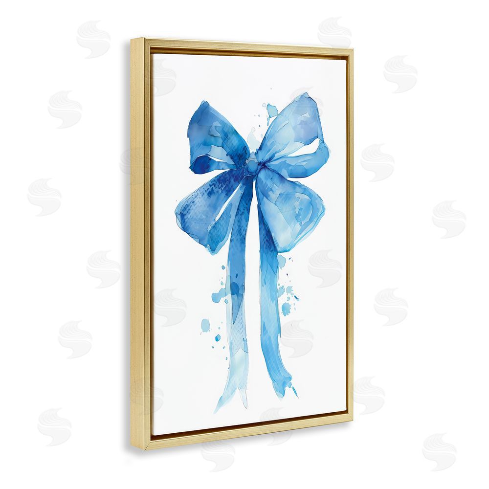 LSR Design Studio Blue Watercolor Bow Illustration Gold Floating Frame Canvas Wall Art Print