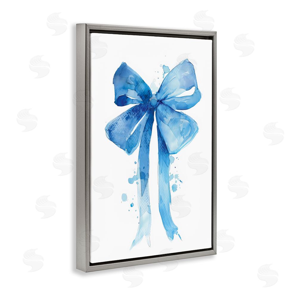 LSR Design Studio Blue Watercolor Bow Illustration Gray Floating Frame Canvas Wall Art Print