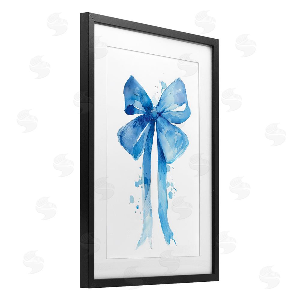 LSR Design Studio Blue Watercolor Bow Illustration Black Framed Print Under Glass with White Mat Wall Art