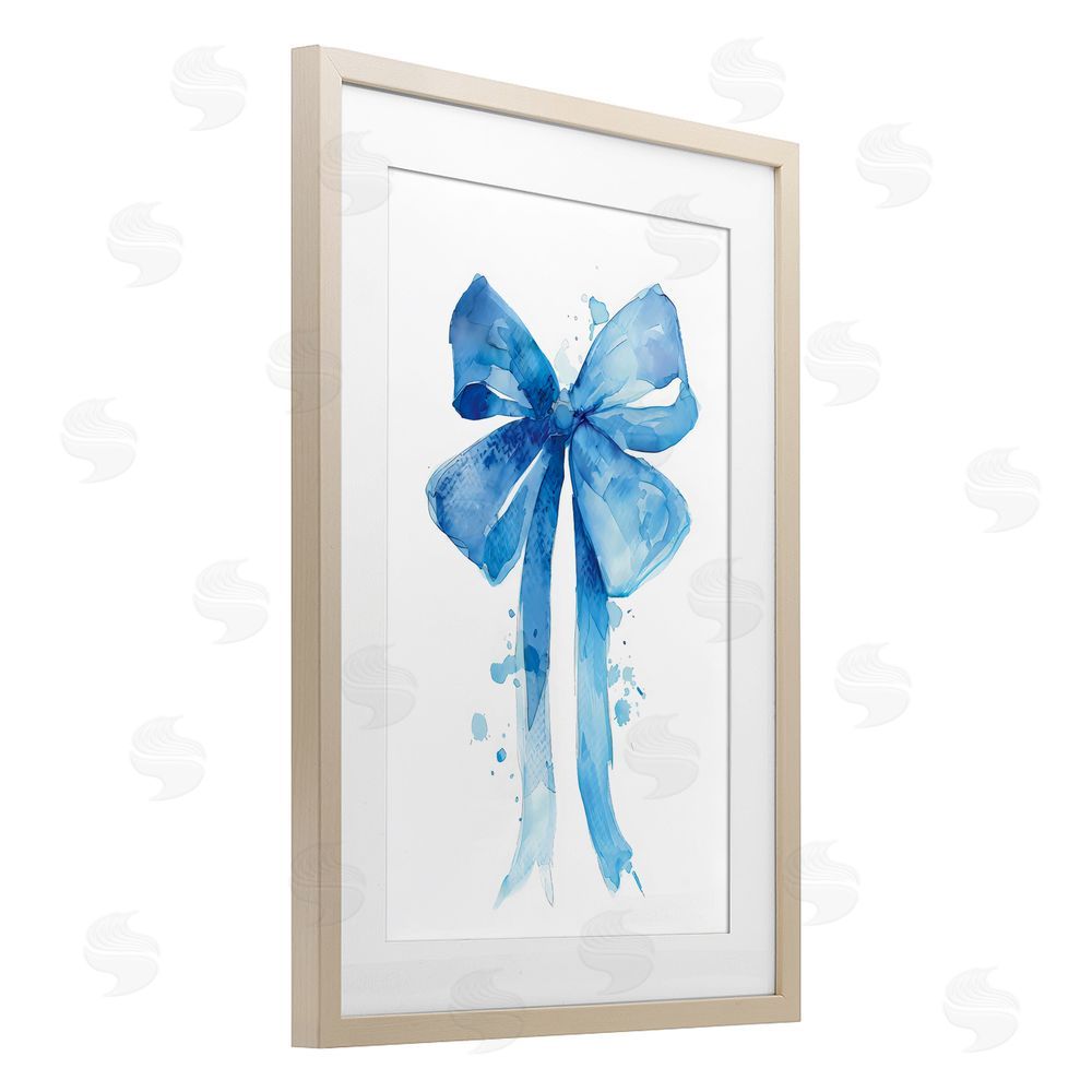 LSR Design Studio Blue Watercolor Bow Illustration Birch Framed Print Under Glass with White Mat Wall Art