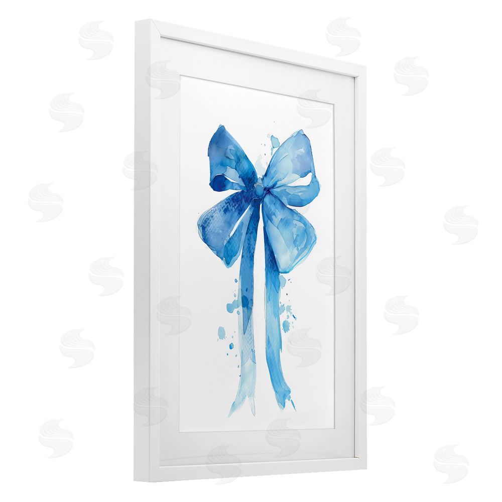LSR Design Studio Blue Watercolor Bow Illustration White Framed Print Under Glass with Mat Wall Art