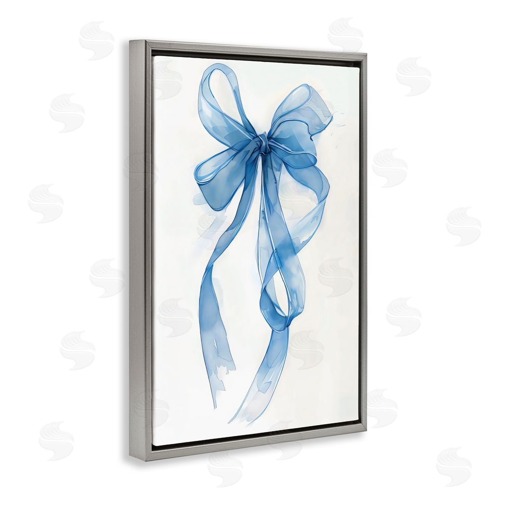 LSR Design Studio Wispy Blue Bow Watercolor Gray Floating Frame Canvas Wall Art Print