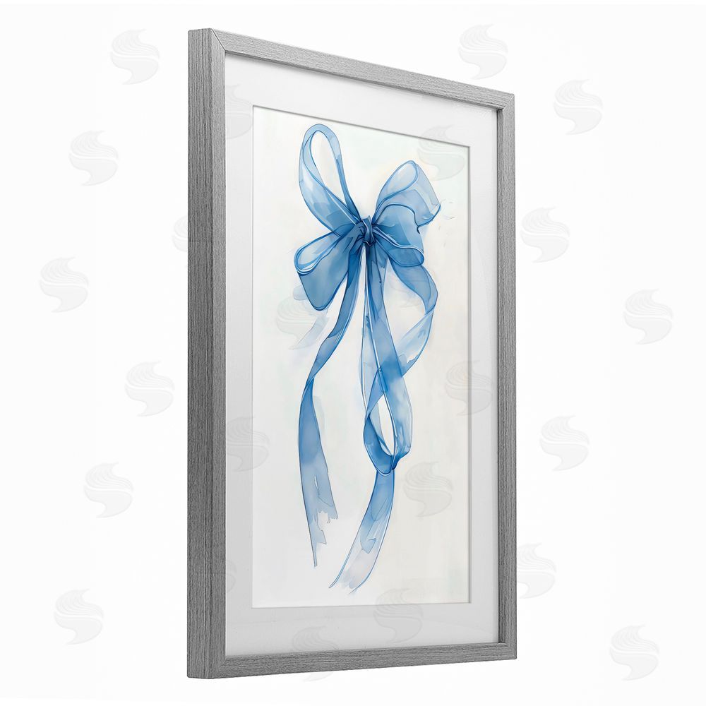 LSR Design Studio Wispy Blue Bow Watercolor Gray Framed Print Under Glass with White Mat Wall Art