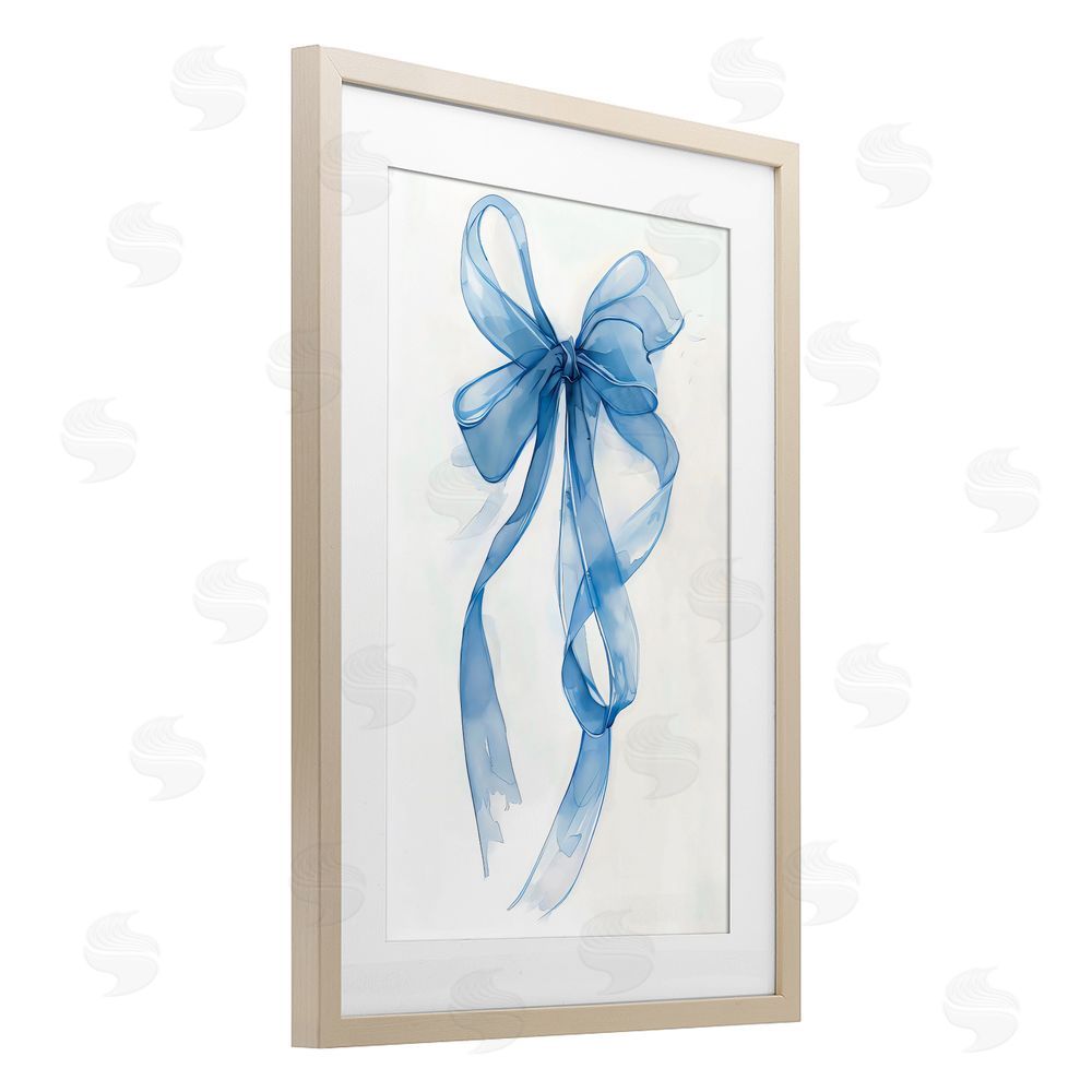 LSR Design Studio Wispy Blue Bow Watercolor Birch Framed Print Under Glass with White Mat Wall Art
