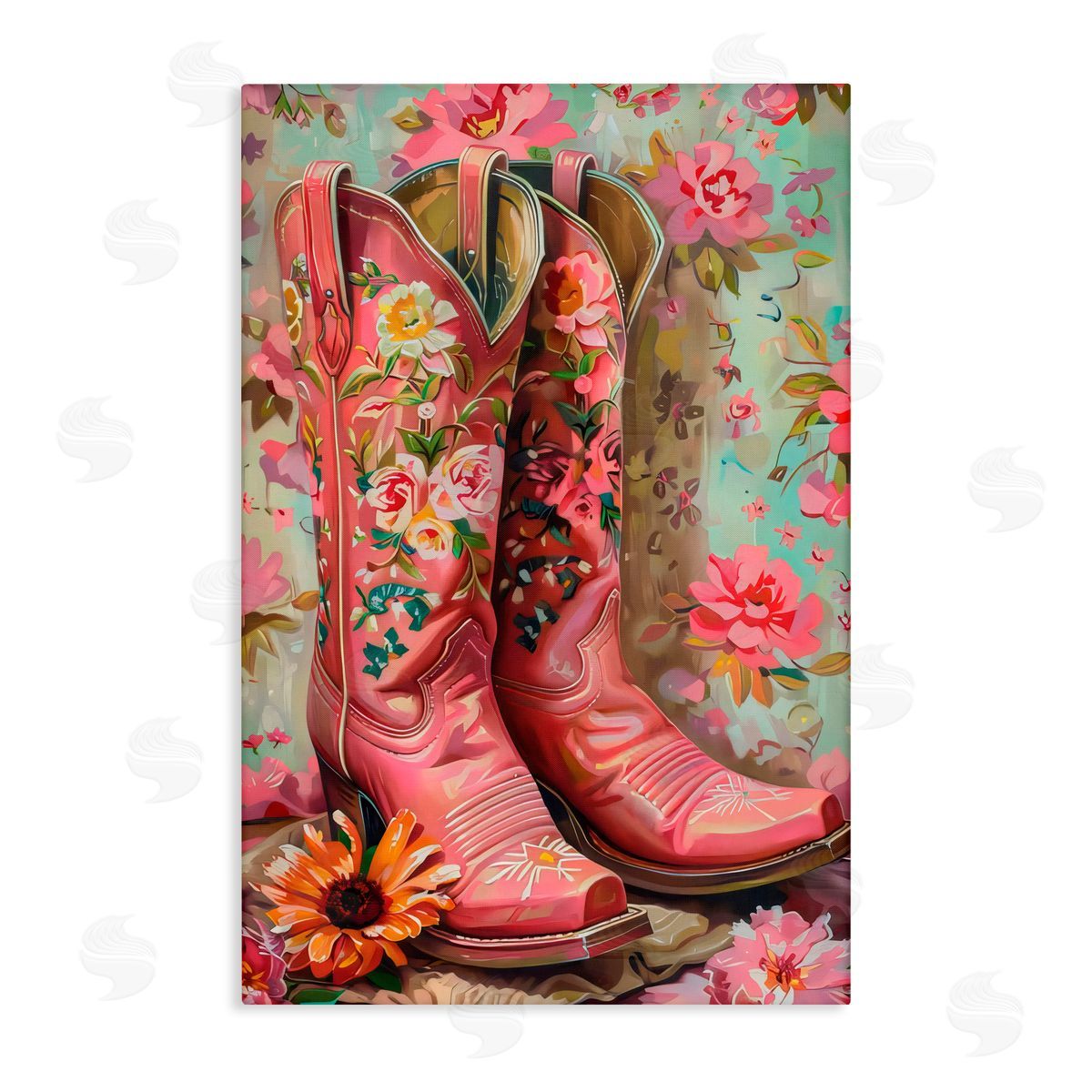 LSR Design Studio Rose Boots Pink Cowgirl Canvas Wall Art Print
