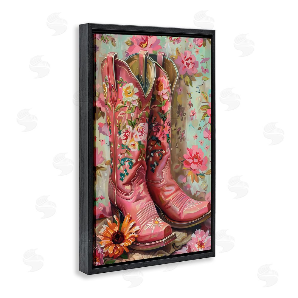 LSR Design Studio Rose Boots Pink Cowgirl Black Floating Frame Canvas Wall Art Print