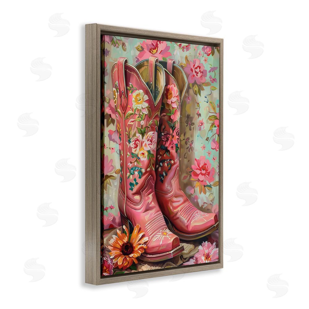LSR Design Studio Rose Boots Pink Cowgirl Brown Floating Frame Canvas Wall Art Print