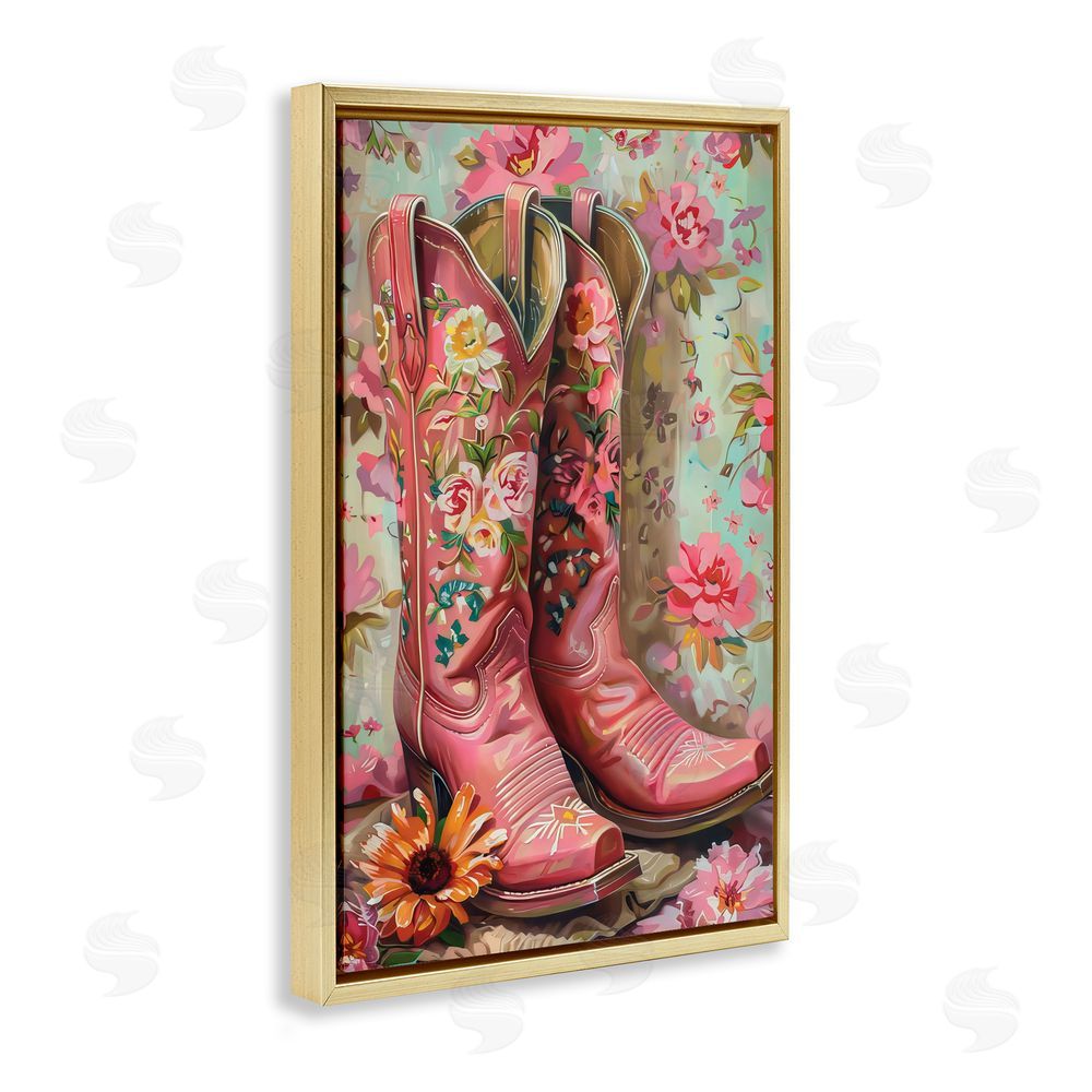 LSR Design Studio Rose Boots Pink Cowgirl Gold Floating Frame Canvas Wall Art Print
