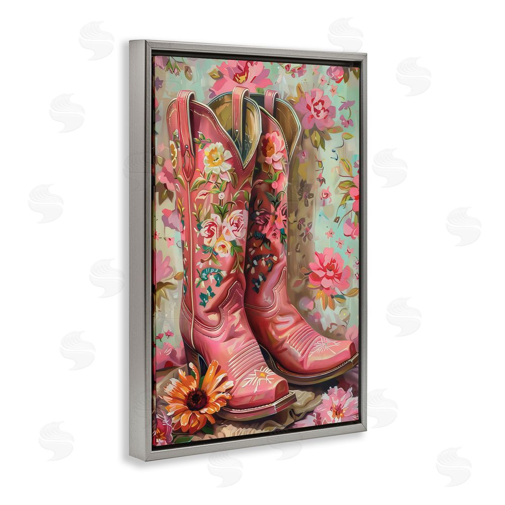 LSR Design Studio Rose Boots Pink Cowgirl Gray Floating Frame Canvas Wall Art Print