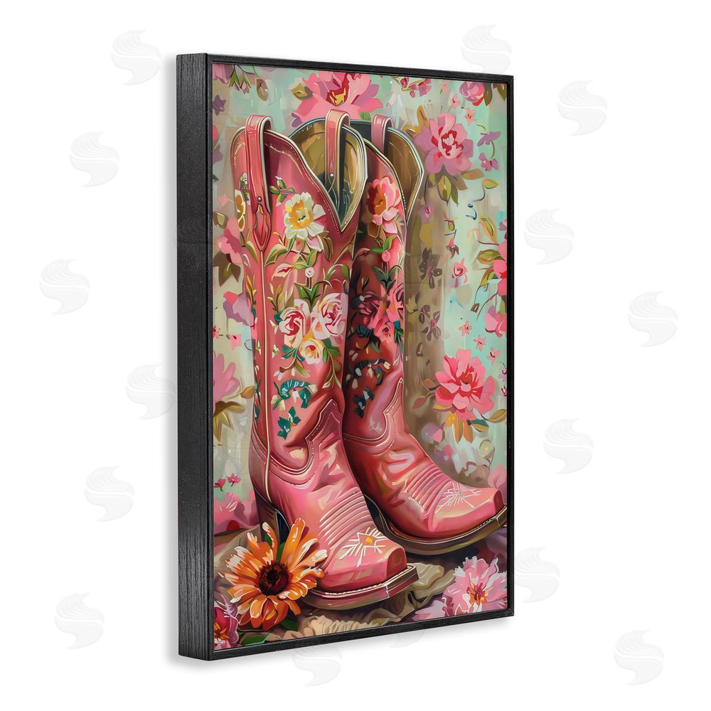 LSR Design Studio Rose Boots Pink Cowgirl Black Framed Giclee Wall Art Print