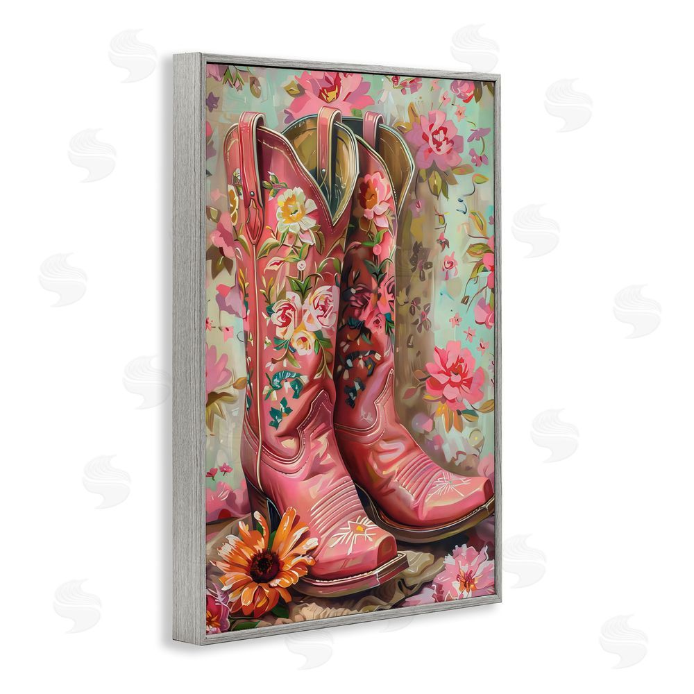LSR Design Studio Rose Boots Pink Cowgirl Gray Framed Giclee Wall Art Print