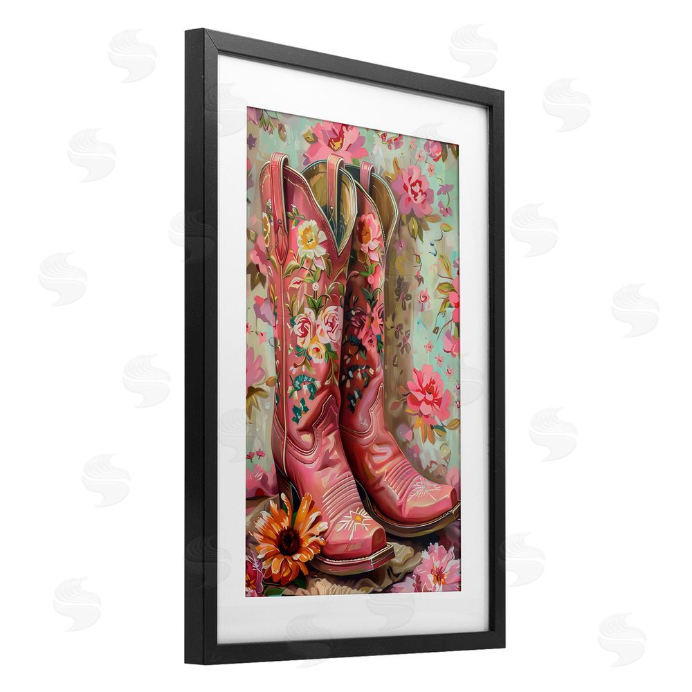 LSR Design Studio Rose Boots Pink Cowgirl Black Framed Print Under Glass with White Mat Wall Art