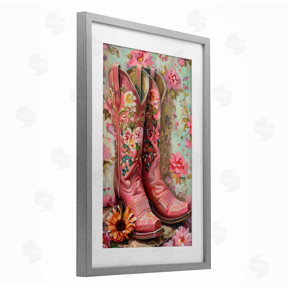 LSR Design Studio Rose Boots Pink Cowgirl Gray Framed Print Under Glass with White Mat Wall Art