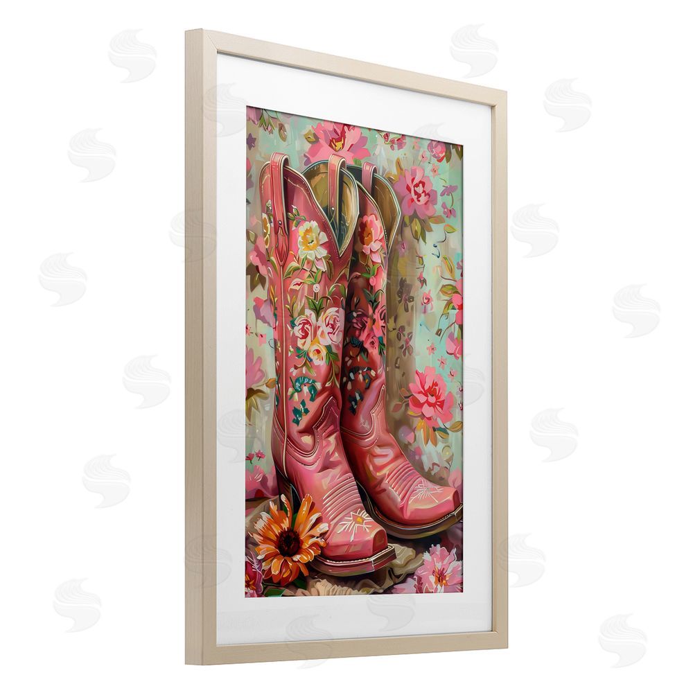 LSR Design Studio Rose Boots Pink Cowgirl Birch Framed Print Under Glass with White Mat Wall Art