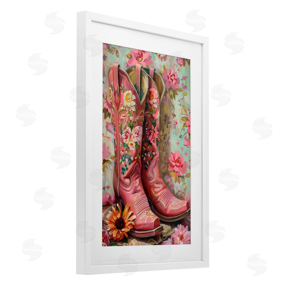 LSR Design Studio Rose Boots Pink Cowgirl White Framed Print Under Glass with Mat Wall Art