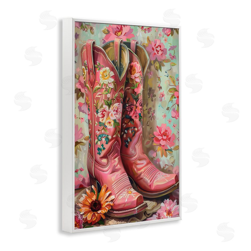 LSR Design Studio Rose Boots Pink Cowgirl White Framed Giclee Wall Art Print