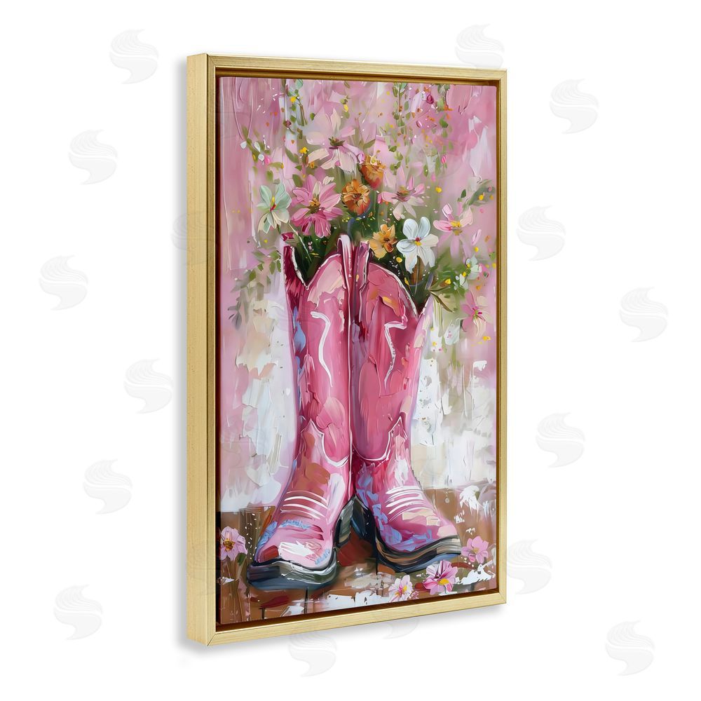 LSR Design Studio Floral Boots Pink Cowgirl Gold Floating Frame Canvas Wall Art Print
