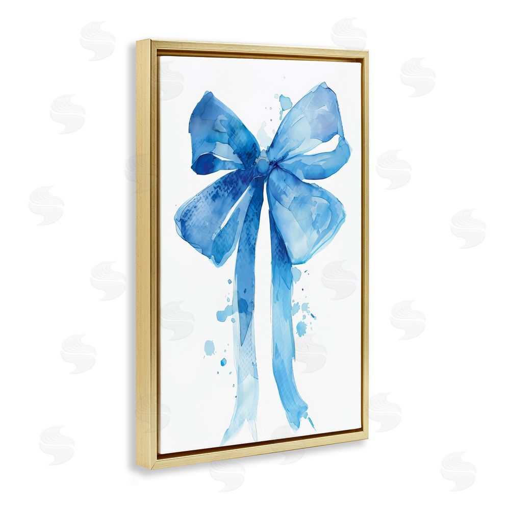 LSR Design Studio Blue Bell Bow Illustration Gold Floating Frame Canvas Wall Art Print
