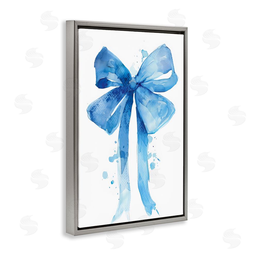 LSR Design Studio Blue Bell Bow Illustration Gray Floating Frame Canvas Wall Art Print