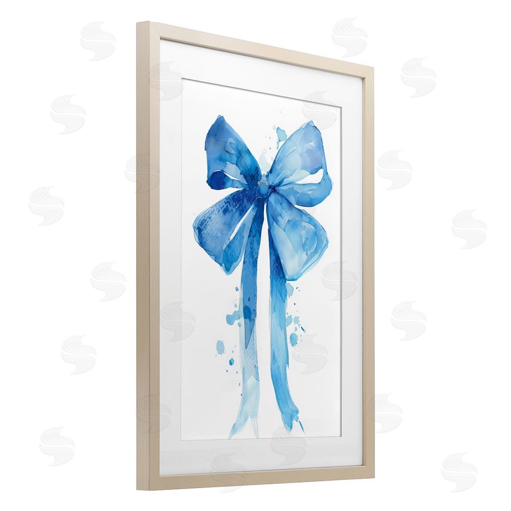 LSR Design Studio Blue Bell Bow Illustration Birch Framed Print Under Glass with White Mat Wall Art