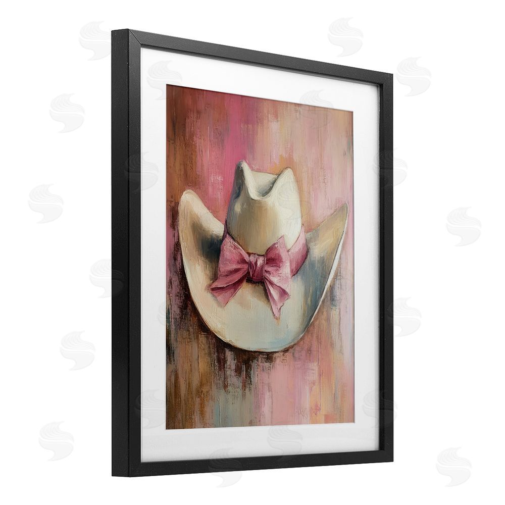 Petal Prints Design Cowgirl Hat with Bow over Pink Black Framed Print Under Glass with White Mat Wall Art