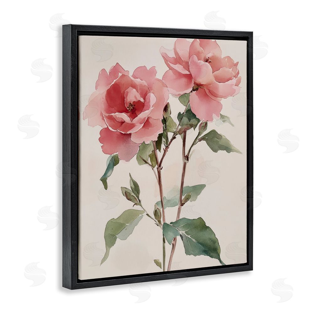 Petal Prints Design Watercolor Roses Pink Floras Black Floating Frame Canvas Wall Art Print