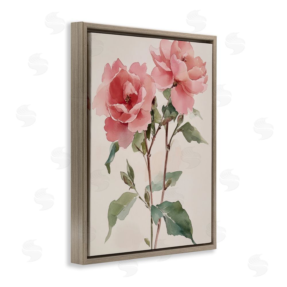 Petal Prints Design Watercolor Roses Pink Floras Brown Floating Frame Canvas Wall Art Print